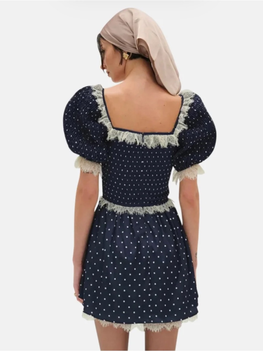 For Love And Lemons Navy Polka Dot Lace-Trim Mini Dress - Picture 2 of 8